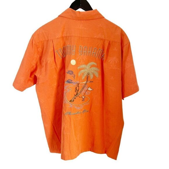 Rare Tommy Bahama Orange Silk Embroidered Back Short Sleeve Button Down Shirt - Picture 2 of 8